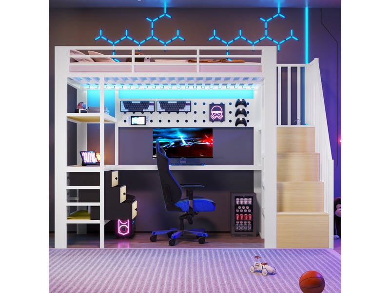 Lit mezzanine 90 × 200 cm 1 place avec 3 tiroirs, étagères, bureau, prise et led réglable, sans matelas, blanc - Conforama C