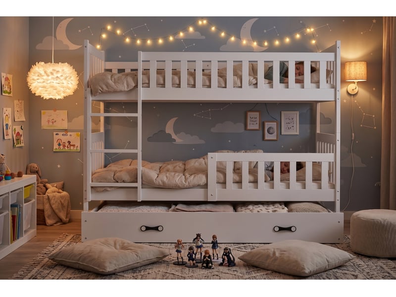 Lit superposé séparable 90x190 cm quba interbeds - bois massif de pin avec barrière, sommier, tiroir - blanc - Conforama R