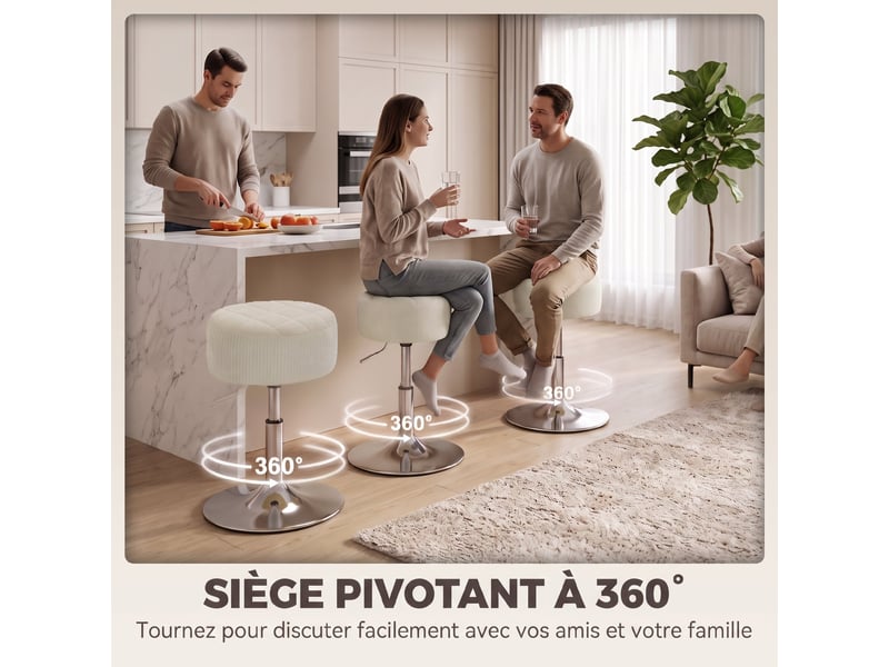  Tabouret de coiffeuse en chenille, tabouret de maquillage pivotant, tabouret de bar réglable en hauteur 51-66 cm, crème  - Conforama E