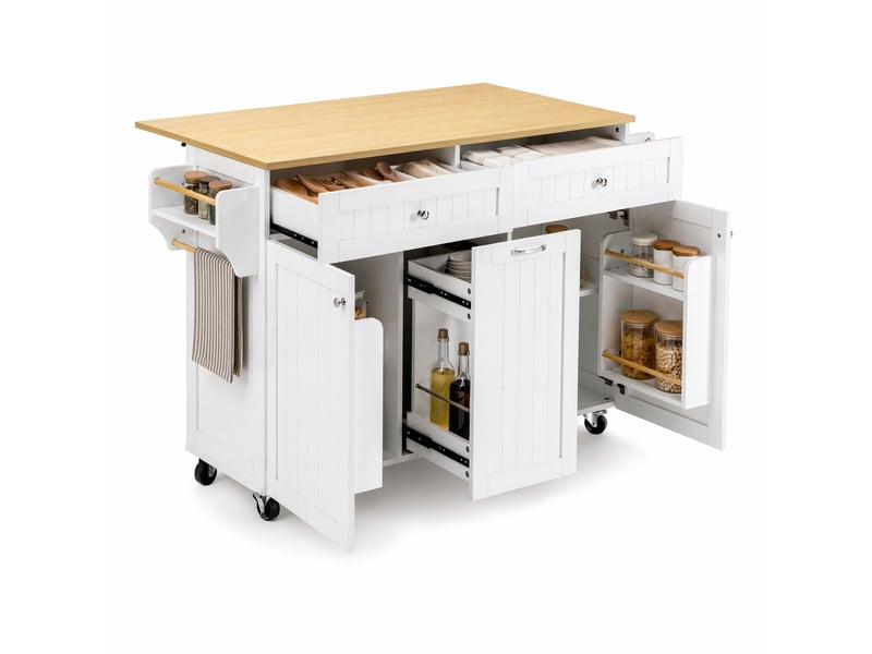  Desserte de cuisine avec 2 tiroirs, plateau extensible et roulettes en mdf 140×40-70×92 cm blanc naturel  - Conforama A