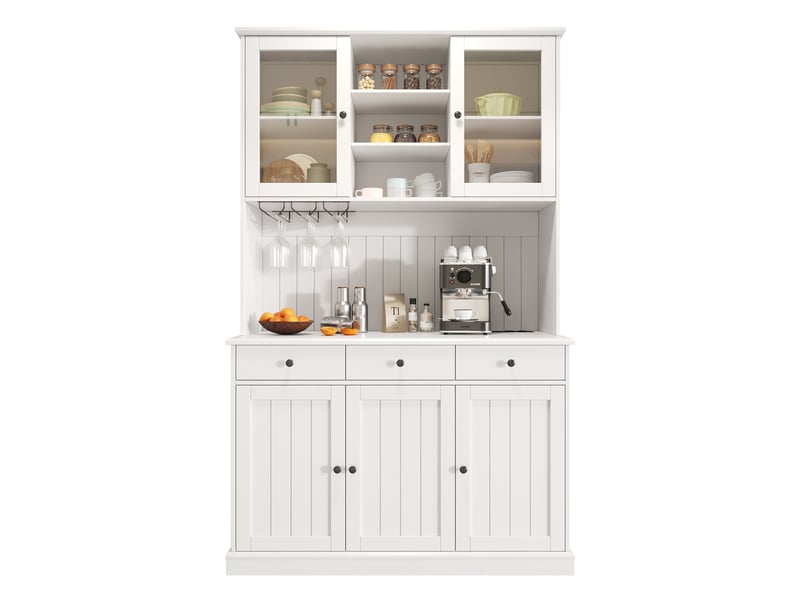 Buffet haut modenvie 120 x 40 x 191 cm avec portes vitrées, porte-verres, prises électriques et ports usb, blanc - Conforama A