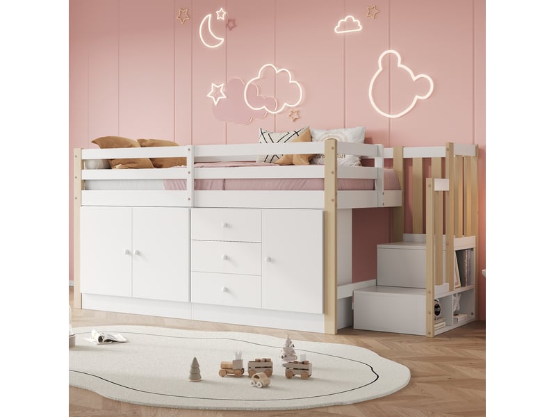  Lit surélevé enfant 90x200 avec rangement et escalier cravdom  - Conforama B