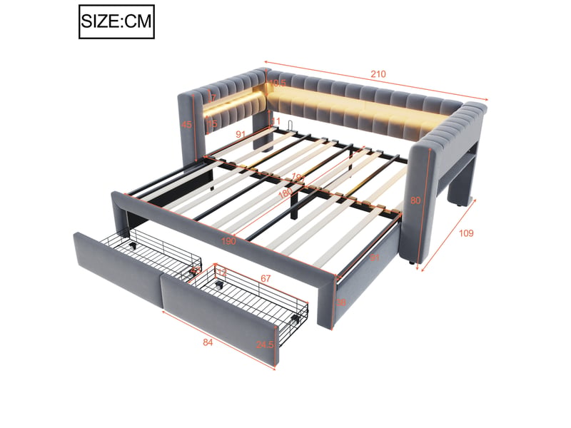  Canapé-lit modenvie 90 x 190 cm extensible 180 x 190 cm avec 2 tiroirs, rangements intégrés, led, usb et type-c, velours gris foncé  - Conforama C
