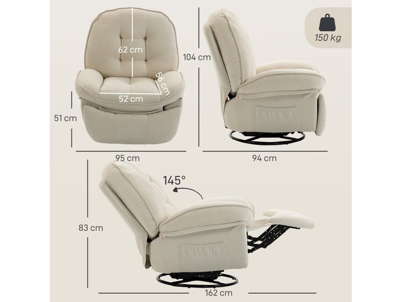  Fauteuil relax pivotant 360° avec bascule et inclinaison manuelle, repose-pieds, beige  - Conforama C