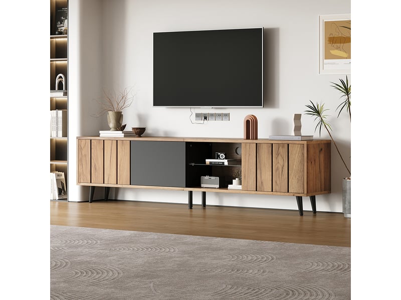 Meuble tv bas avec 3 armoires simple couleur bois origine raccords noirs pour salon adapté tv 75 pouces  - Conforama F