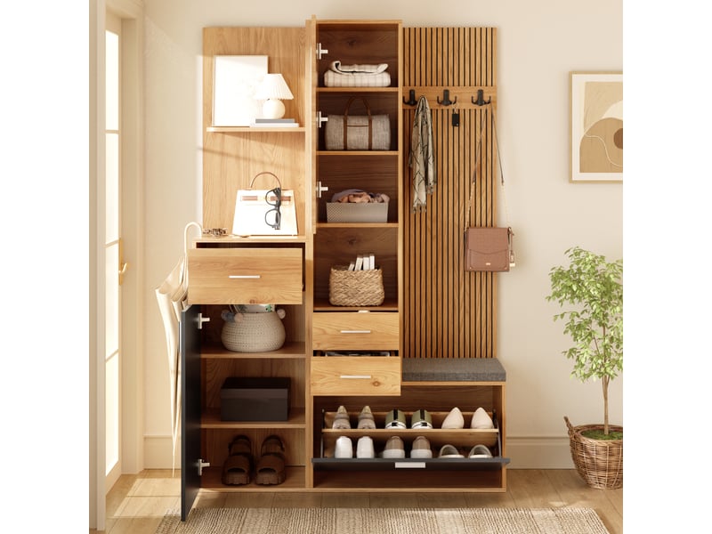  Meuble multifonction 120x32x178 cm - rangement chaussures - banquette - miroir - led - 1 porte - 3 tiroirs - étagères ouvertes - mdf - naturel et noir ABC - Conforama D