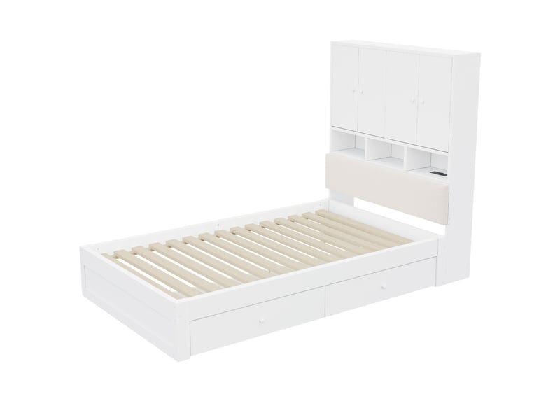  Lit multifonctionnel en bois, 90 x 200 cm, avec dossier rembourré, tête de lit avec rangements, étagères, éclairage led et prise électrique, avec tiroir et sommier à lattes, lit simple, lit enfant, blanc  - Conforama D