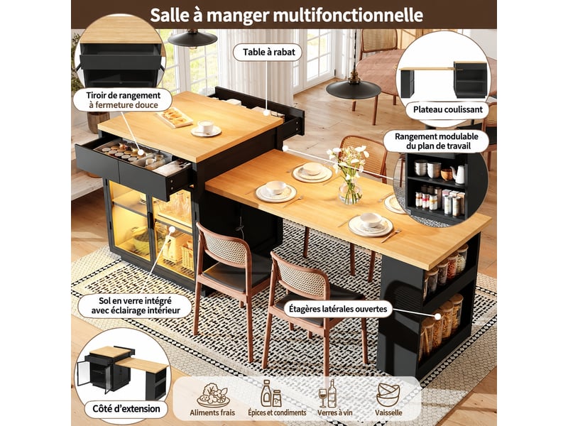  Îlot central extensible noir, 2 tiroirs, portes vitrées et led, 122–194,5 cm  - Conforama D