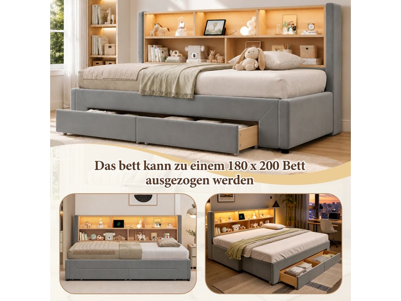  Lit gigogne 90x200 cm lit banquette extensible 180 cm avec 2 tiroirs, usb et led, velours gris ABC - Conforama D