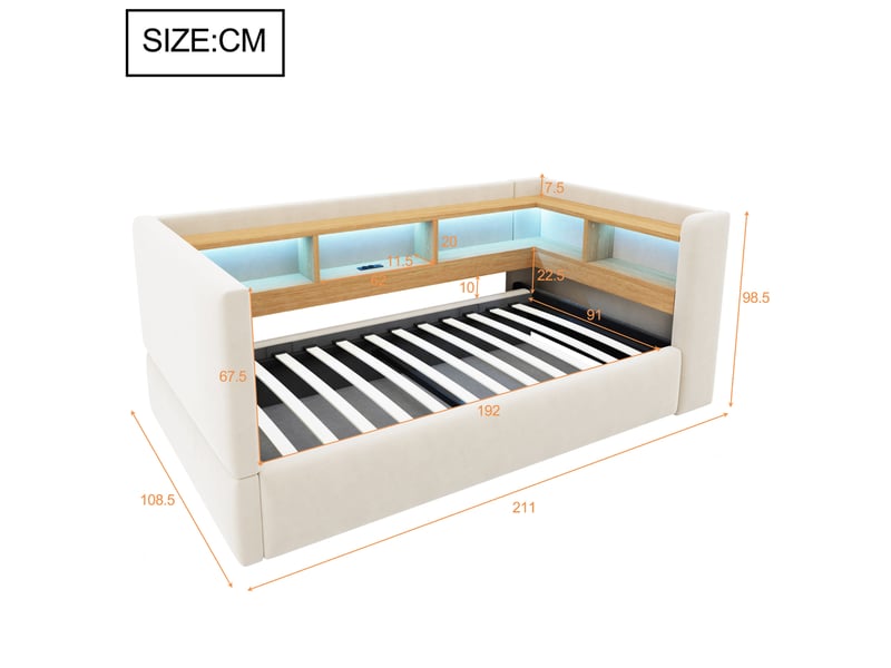  Lit coffre, 90x190 cm, solution de rangement hydraulique, sommier à lattes, led, espaces de rangement, coloris beige  - Conforama C