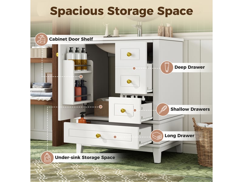  Meuble sous vasque avec 3 tiroirs, rangements et porte à fermeture douce - lpospi - vasque en céramique, mdf blanc  - Conforama E