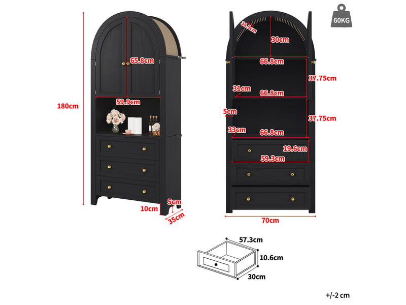  Buffet haut noir en mdf avec 3 tiroirs, 2 portes arquées et espace d'exposition ouvert  - Conforama E