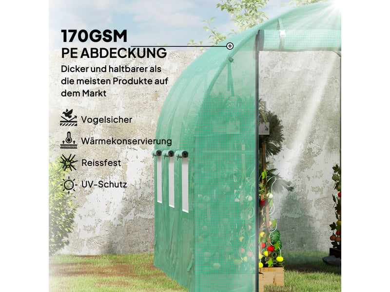 Serre tunnel de jardin 300x200x195 cm – verte – 6 fenêtres enroulables, porte à enrouler et ancrages au sol - Conforama D