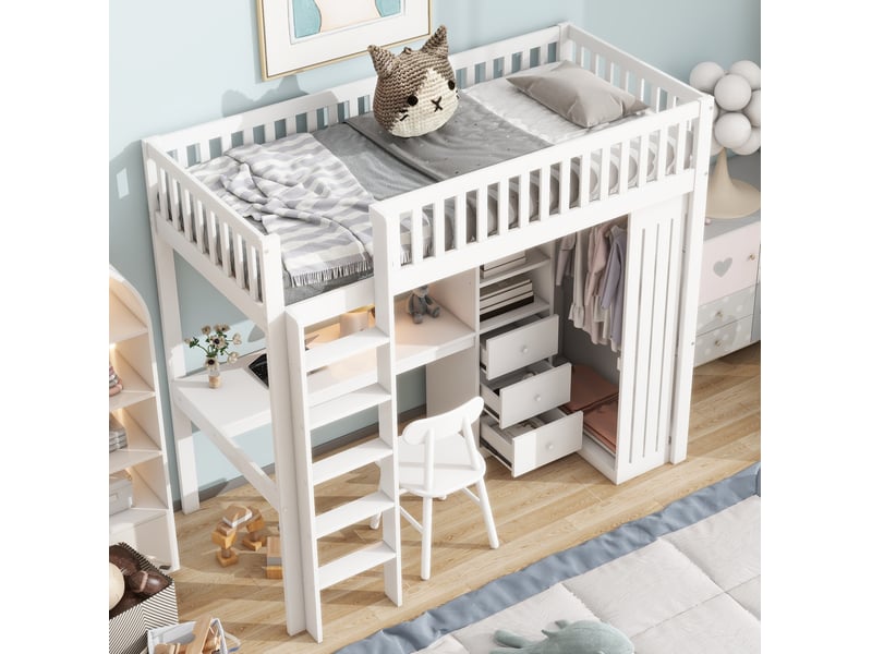  Lit mezzanine enfant 90x200 cm avec bureau, armoire et 3 tiroirs blanc  - Conforama E