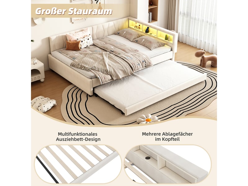  Lit gigogne 140x200 canapé lit beige avec led, port usbtype-c et rangements  - Conforama D