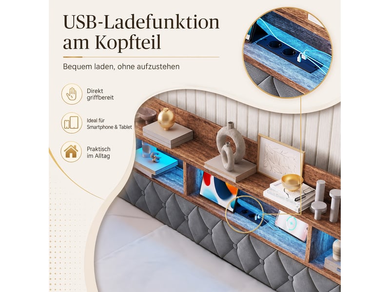 Lit 1 place 90x190 cm en velours gris foncé avec led, usb, type-c, 2 tiroirs, tête de lit de rangement, sans matelas - Conforama D