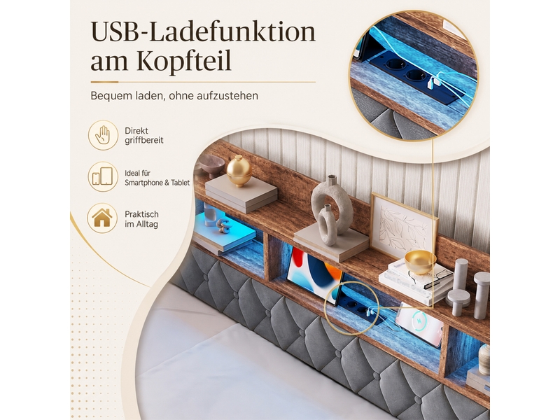  Lit 1 place 90x190 cm en velours gris foncé avec led, usb, type-c, 2 tiroirs, tête de lit de rangement, sans matelas  - Conforama D