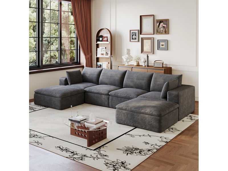 Canapé modulable tcqpz 6 places 340 x 160 x 82 cm en tissu velours côtelé gris foncé coussins amovibles design double couche - Conforama B