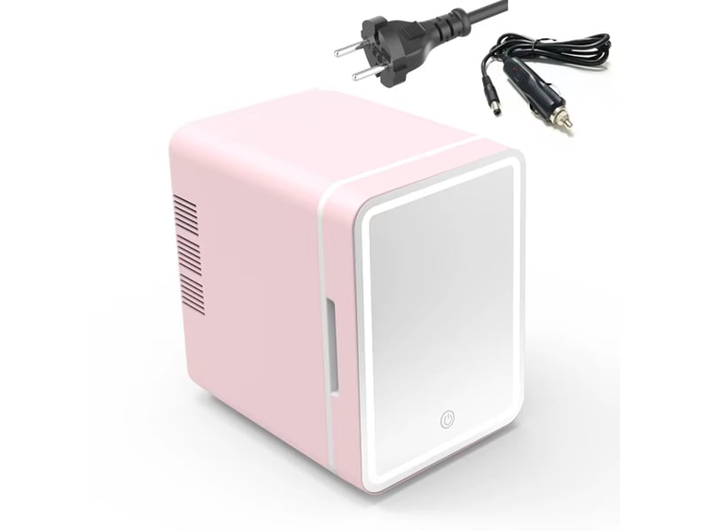  Un réfrigérateur de 4 litres avec éclairage led et miroir, idéal pour les chambres, pour ranger cosmétiques, produits de soin et aliments. Rose.  - Conforama A