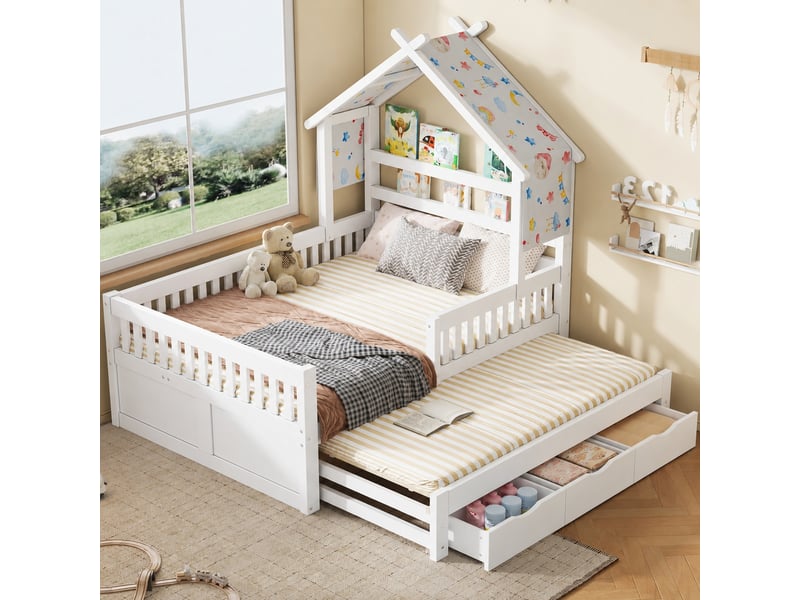  Lit cabane blanc 140x200 cm avec lit gigogne, barrières de sécurité et 3 tiroirs  - Conforama B