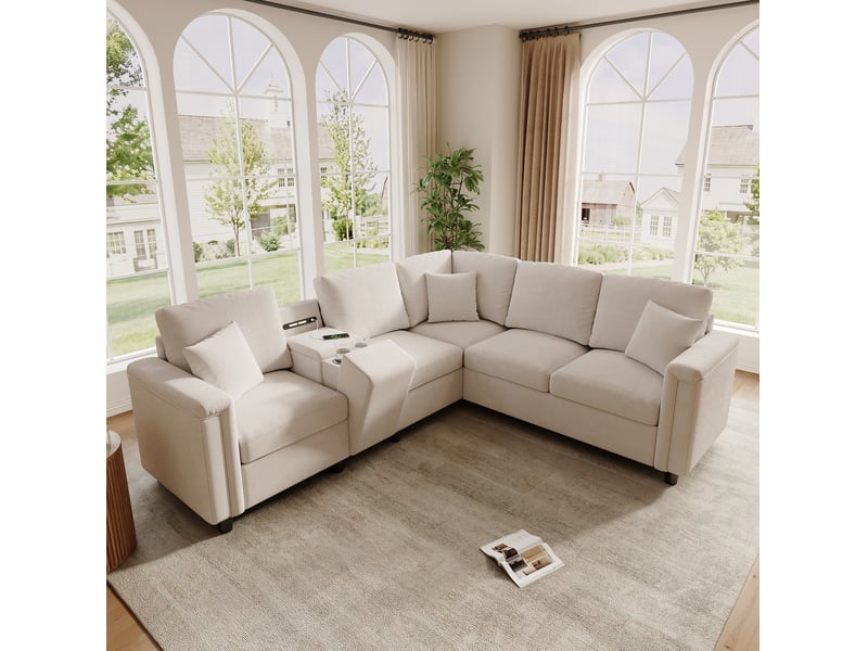  Canapé d'angle tcqpz 5 places 235 x 208 x 83 cm avec rangement, porte-gobelets, usb type-c et liseuse en chenille beige  - Conforama B