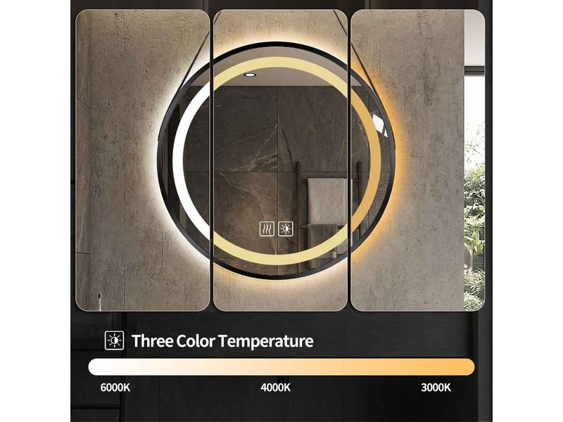 Miroir led rond 50 cm sangle noire cadre métal éclairage réglable commande tactile antibuée pour salle de bain - Conforama B