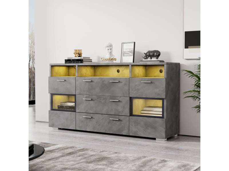 Buffet gris 140x33,5x72,5 cm avec led, 2 portes, 3 tiroirs et 3 compartiments ouverts, en bois - Conforama B