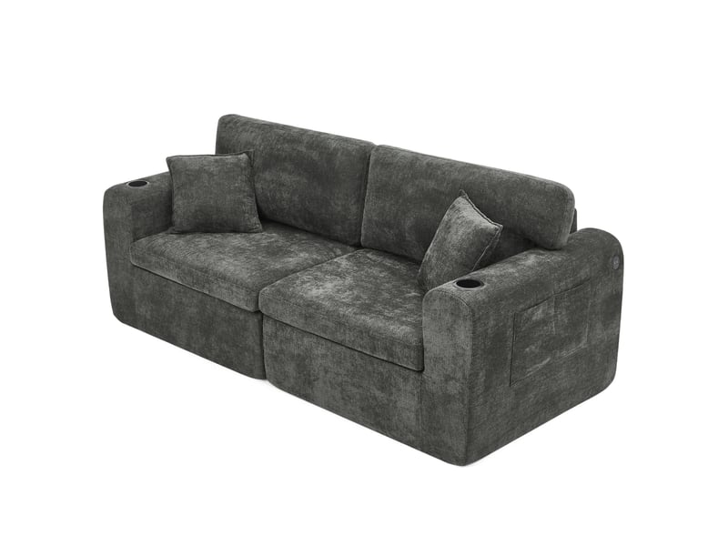 Canapé de relaxation 2 places 220x100x89 cm compact avec porte-gobelet, poche latérale, coussins et chargement usb noir - Conforama A