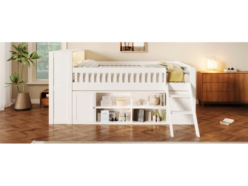  Lit en bois 140x200 cm avec led et rangements blanc mdf et pin structure 150 kg Sol Morn - Conforama D
