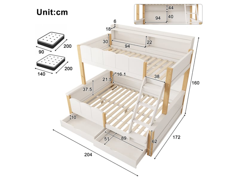  Lit superposé 90 × 200 cm et 140 × 200 cm 3 places, 2 tiroirs, étagères, sans matelas, blanc et chêne  - Conforama D
