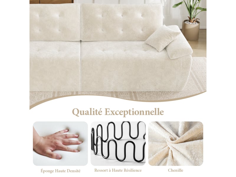 Canapé compressé modulable style nuage scandinave 275cm beige en chenille,mousse compressée haute densité,canapé doux pour salon 275x102x66CM - Conforama C