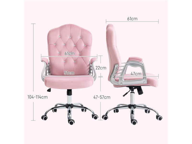  Chaise de bureau ergonomique 61 x 61 x 104-114 cm - capitonnage strass &amp; tissu velours - hauteur réglable &amp; fonction basculante - rose  - Conforama C