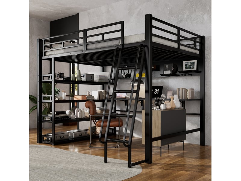  Lit mezzanine 140x200 cm, lit enfant avec rangement, port usb de charge et échelle inclinée, métal, noir, sans matelas  - Conforama B