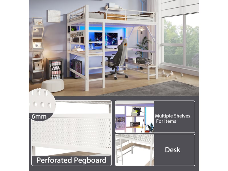  Lit adulte 160x200 cm – blanc – bureau intégré, led, prises usb et type-c, rangements – sans matelas  - Conforama E