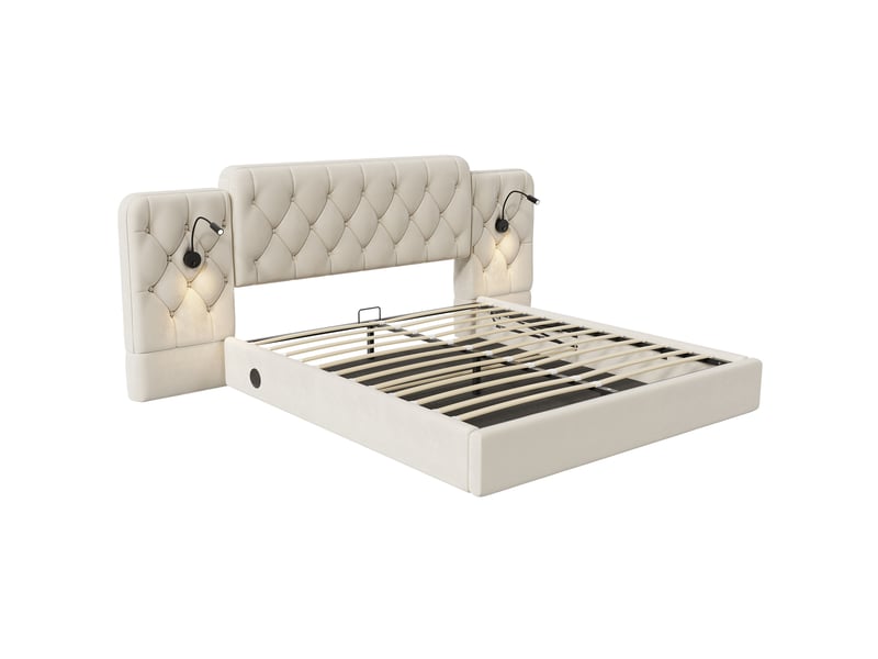  Lit coffre 160 x 200 cm, cadre de lit, velours, plusieurs ports usb, lampe de bureau, beige  - Conforama E