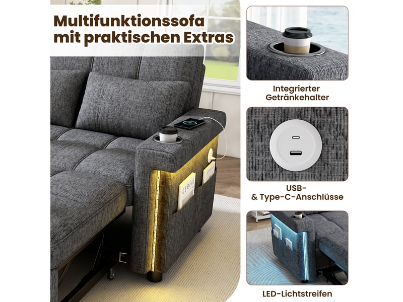  Canapé convertible 2 places tissu chenille gris avec éclairage led et ports usb  - Conforama B