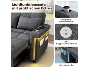 Canapé convertible 2 places tissu chenille gris avec éclairage led et ports usb