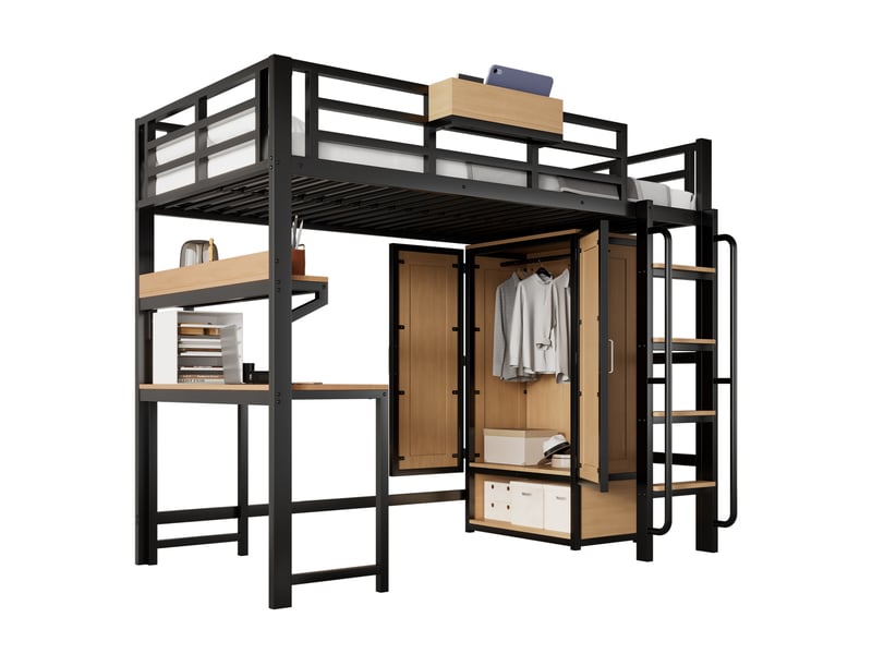  Lit mezzanine 90x200 cm, lit avec bureau, armoire et rangement, structure métal et mdf, noir et naturel, sans matelas  - Conforama A