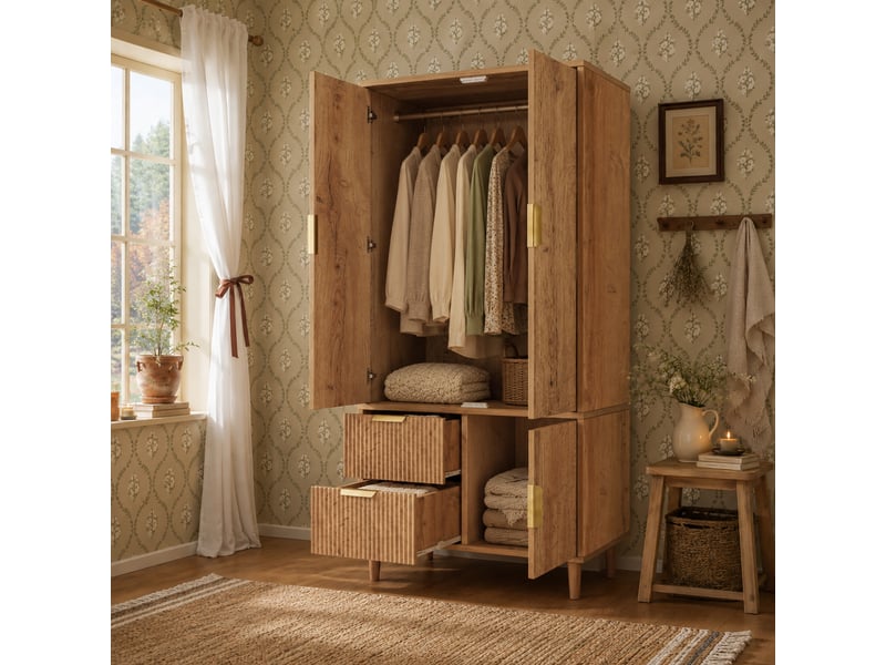 Armoire 3 portes 80 × 50 × 177 cm, 2 tiroirs et façades rainurées, chêne IKSETERA TRADING LTD - Conforama D