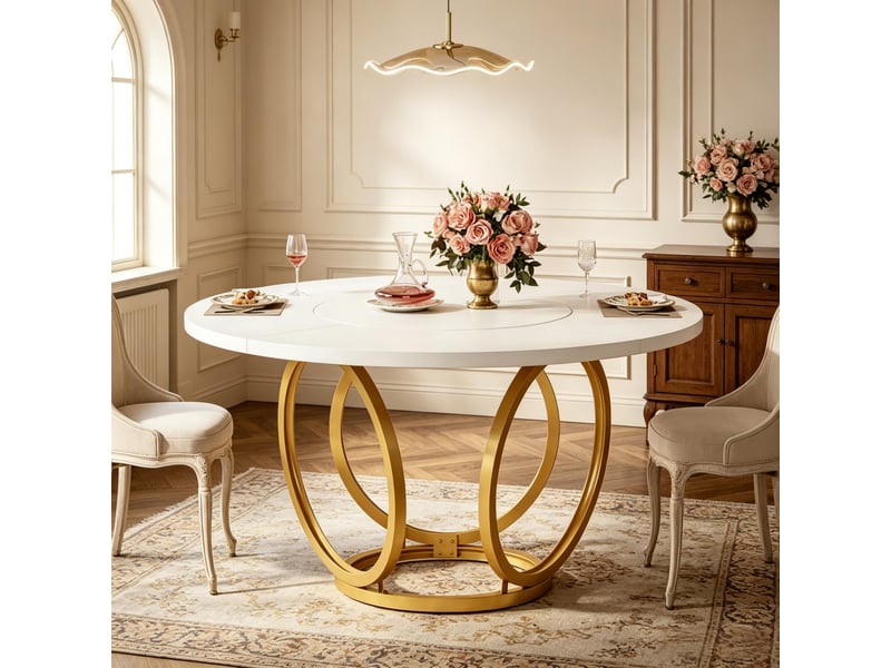  Table de salle à manger ronde pour 4 à 6 personnes avec plateau mdf et piètement acier, blanc et or, diamètre 120 cm  - Conforama B
