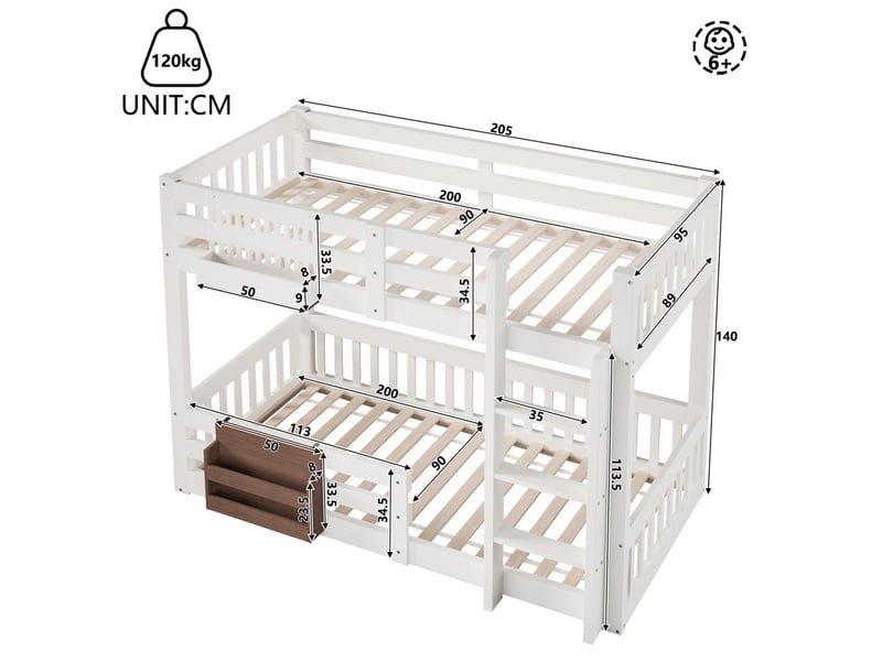 Lit superposé 90x200 cm, compartiments de rangement, barrière de sécurité, échelle, blanc - Conforama C