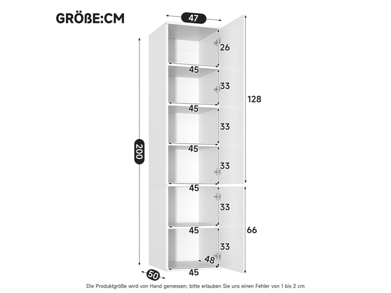  Armoire haute 47x50x200 cm avec 2 portes battantes, 6 compartiments fermés, grand rangement, mdf blanc, pour chambre, salle de bain et salon  - Conforama D