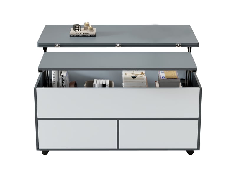  Table basse relevable 100x98cm, table de salon avec rangement caché, tiroirs et roulettes, gris et blanc  - Conforama A