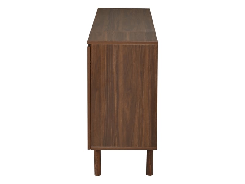Buffet de rangement couleur noyer 140 x 35 x 71 cm, 4 tiroirs, 2 portes à lattes - Conforama E