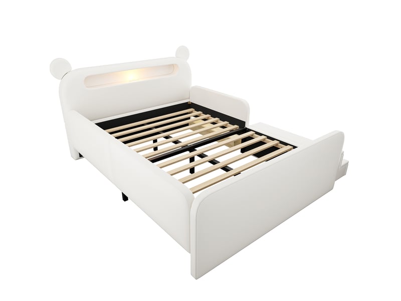  Lit enfant 140x200 cm avec rangement et tête de lit ours, polyuréthane (pu), blanc sans matelas  - Conforama E