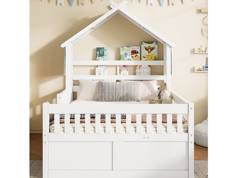 Lit cabane 140x200 cm, lit gigogne, lit enfant avec 3 tiroirs, barrières, pour chambre, pin et mdf, blanc sans matelas - Conforama B