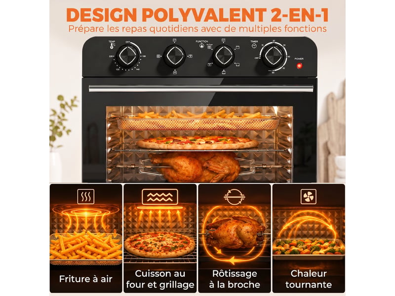  Friteuse à air chaud 36l, four à air chaud 1800 w avec rôtissoire, plaque de cuisson, noir, panier de friture et grille  - Conforama E
