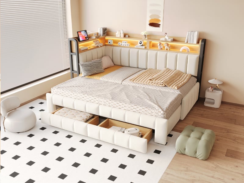  Lit banquette extensible 90 à 180 × 200 cm, avec rangement, tiroirs, étagères, led, usb-c, velours capitonné beige  - Conforama B