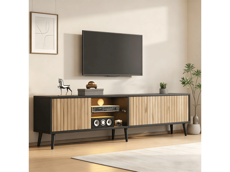  Meuble tv led 175x31x43,5cm - meuble bas avec 3 placards, portes en verre trempé, 6 pieds de support, pour tv jusqu’à 75 pouces - bois naturel et noir  - Conforama D