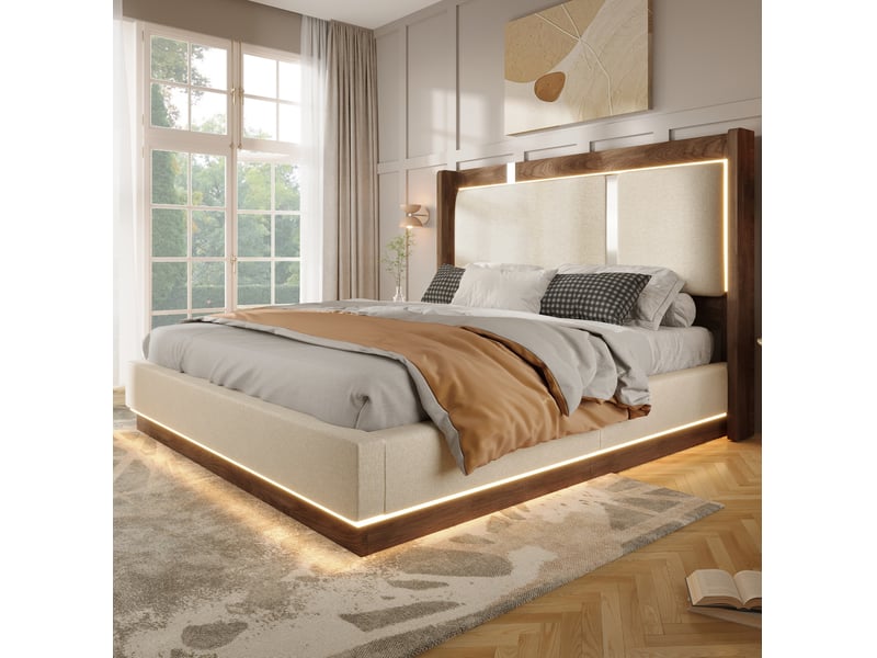  Lit coffre 140x190 cm avec sommier et led, beige et noyer  - Conforama B